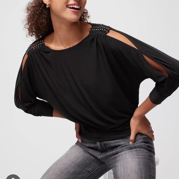 White House Black Market Matte Jersey Split Sleeve Top S Black 570349978 - Picture 1 of 8